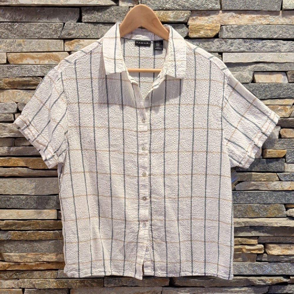 Tahari Cream Short-Sleeve Windowpane Button-Down Shirt, Size M